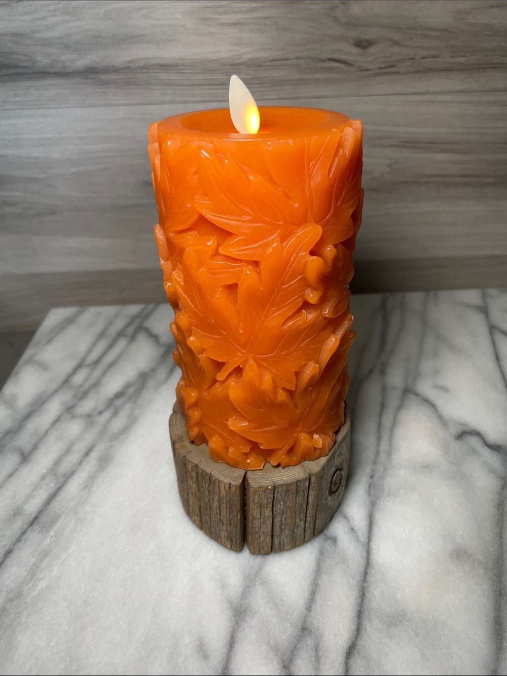 NIB- Luminara 6.5" Embossed Real Wax Flameless LED Pillar Candle, Leaves, Orange